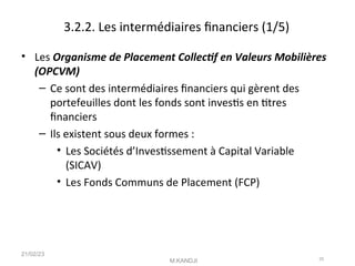 3.2.2. Les intermédiaires fnanciers (1/5)
• Les Organisme de Placement Collectf en Valeurs Mobilières
(OPCVM)
– Ce sont des intermédiaires fnanciers qui gèrent des
portefeuilles dont les fonds sont invests en ttres
fnanciers
– Ils existent sous deux formes :
• Les Sociétés d’Investssement à Capital Variable
(SICAV)
• Les Fonds Communs de Placement (FCP)
21/02/23
M.KANDJI 25
 