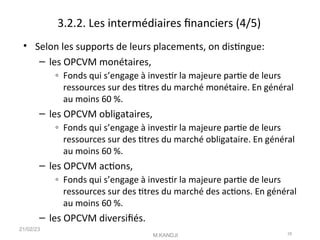 3.2.2. Les intermédiaires fnanciers (4/5)
• Selon les supports de leurs placements, on distngue:
– les OPCVM monétaires,
◦ Fonds qui s’engage à investr la majeure parte de leurs
ressources sur des ttres du marché monétaire. En général
au moins 60 %.
– les OPCVM obligataires,
◦ Fonds qui s’engage à investr la majeure parte de leurs
ressources sur des ttres du marché obligataire. En général
au moins 60 %.
– les OPCVM actons,
◦ Fonds qui s’engage à investr la majeure parte de leurs
ressources sur des ttres du marché des actons. En général
au moins 60 %.
– les OPCVM diversifés.
21/02/23
M.KANDJI 28
 