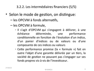3.2.2. Les intermédiaires fnanciers (5/5)
• Selon le mode de geston, on distngue:
– les OPCVM à fonds alternatfs,
– les OPCVM à formule,
◦ Il s’agit d’OPCVM1 qui s’engagent à délivrer, à une
échéance déterminée, une performance
conditonnelle en foncton de l’évoluton d’un indice,
d’un panier d’indices ou de valeurs ou d’une
composante de ces indices ou valeurs2
◦ Cete performance promise (la « formule ») fait en
outre l’objet d’une garante délivrée par un ters, la
société de geston ne pouvant pas s’engager sur ses
fonds propres vis-à-vis de l’investsseur3.
21/02/23
M.KANDJI 29
 