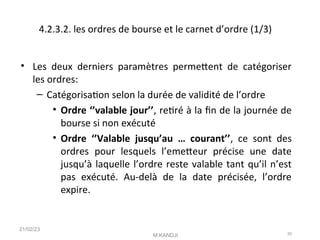 4.2.3.2. les ordres de bourse et le carnet d’ordre (1/3)
• Les deux derniers paramètres permetent de catégoriser
les ordres:
– Catégorisaton selon la durée de validité de l’ordre
• Ordre ‘’valable jour’’, retré à la fn de la journée de
bourse si non exécuté
• Ordre ‘’Valable jusqu’au … courant’’, ce sont des
ordres pour lesquels l’emeteur précise une date
jusqu’à laquelle l’ordre reste valable tant qu’il n’est
pas exécuté. Au-delà de la date précisée, l’ordre
expire.
21/02/23
M.KANDJI 50
 