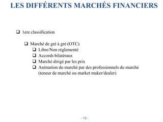 LES DIFFÉRENTS MARCHÉS FINANCIERS
 1ere classification
 Marché de gré à gré (OTC)
 Libre/Non réglementé
 Accords bilatéraux
 Marché dirigé par les prix
 Animation du marché par des professionnels du marché
(teneur de marché ou market maker/dealer)
- 12 -
 