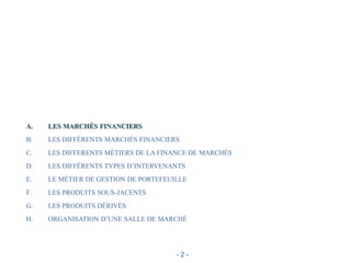 PLAN
A. LES MARCHÉS FINANCIERS
B. LES DIFFÉRENTS MARCHÉS FINANCIERS
C. LES DIFFERENTS MÉTIERS DE LA FINANCE DE MARCHÉS
D. LES DIFFÉRENTS TYPES D’INTERVENANTS
E. LE MÉTIER DE GESTION DE PORTEFEUILLE
F. LES PRODUITS SOUS-JACENTS
G. LES PRODUITS DÉRIVÉS
H. ORGANISATION D’UNE SALLE DE MARCHÉ
- 2 -
 