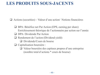 LES PRODUITS SOUS-JACENTS
 Actions (securities) – Valeur d’une action/ Notions financières
 BPA: Bénéfice net Par Action (EPS, earning per share)
Enrichissement théorique de l’actionnaire par action sur l’année
 DPA: Dividende Par Action
 Rendement de l’action (Dividend yield):
 Dividende/Cours de bourse
 Capitalisation boursière :
 Valeur boursière des capitaux propres d’une entreprise
(nombre total d’actions * cours de bourse)
- 46 -
 