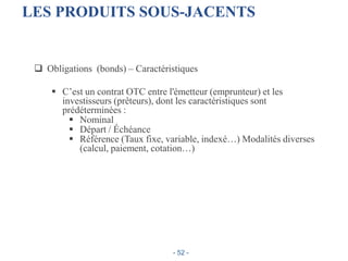  Obligations (bonds) – Caractéristiques
 C’est un contrat OTC entre l'émetteur (emprunteur) et les
investisseurs (prêteurs), dont les caractéristiques sont
prédéterminées :
 Nominal
 Départ / Échéance
 Référence (Taux fixe, variable, indexé…) Modalités diverses
(calcul, paiement, cotation…)
LES PRODUITS SOUS-JACENTS
- 52 -
 