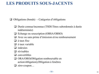  Obligations (bonds) – Catégories d’obligations
 Durée connue/inconnue (TSDI:Titres subordonnés à durée
indéterminée)
 Echange ou souscription (OBSA/OBSO)
 Avec ou sans prime d’émission et/ou remboursement
 à taux fixe
 à taux variable
 indexées
 révisables
 convertibles
 ORA/ORO(Obligation remboursable en
action/obligation),Obligation à fenêtres
 zéro-coupon…
16
LES PRODUITS SOUS-JACENTS
- 58 -
 