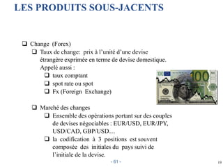 19
LES PRODUITS SOUS-JACENTS
 Change (Forex)
 Taux de change: prix à l’unité d’une devise
étrangère exprimée en terme de devise domestique.
Appelé aussi :
 taux comptant
 spot rate ou spot
 Fx (Foreign Exchange)
 Marché des changes
 Ensemble des opérations portant sur des couples
de devises négociables : EUR/USD, EUR/JPY,
USD/CAD, GBP/USD…
 la codification à 3 positions est souvent
composée des initiales du pays suivi de
l’initiale de la devise.
- 61 -
 