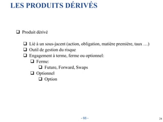 LES PRODUITS DÉRIVÉS
 Produit dérivé
 Lié à un sous-jacent (action, obligation, matière première, taux …)
 Outil de gestion du risque
 Engagement à terme, ferme ou optionnel:
 Ferme:
 Future, Forward, Swaps
 Optionnel
 Option
24- 66 -
 