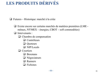 26
LES PRODUITS DÉRIVÉS
 Futures – Historique: marché à la criée
 Existe encore sur certains marchés de matières premières (LME -
métaux, NYMEX – énergies, CBOT – soft commodities)
 Intervenants :
 Chambre de compensation
 Contrôleurs
 Quoteurs
 NIP/Locals
 Courtiers
 Boxmans
 Négociateurs
 Runners
 Fichistes
- 69 -
 