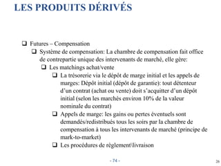 26
LES PRODUITS DÉRIVÉS
 Futures – Compensation
 Système de compensation: La chambre de compensation fait office
de contrepartie unique des intervenants de marché, elle gère:
 Les matchings achat/vente
 La trésorerie via le dépôt de marge initial et les appels de
marges: Dépôt initial (dépôt de garantie): tout détenteur
d’un contrat (achat ou vente) doit s’acquitter d’un dépôt
initial (selon les marchés environ 10% de la valeur
nominale du contrat)
 Appels de marge: les gains ou pertes éventuels sont
demandés/redistribués tous les soirs par la chambre de
compensation à tous les intervenants de marché (principe de
mark-to-market)
 Les procédures de règlementlivraison
- 74 -
 