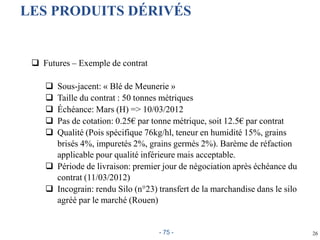 26
LES PRODUITS DÉRIVÉS
 Futures – Exemple de contrat
 Sous-jacent: « Blé de Meunerie »
 Taille du contrat : 50 tonnes métriques
 Échéance: Mars (H) => 10/03/2012
 Pas de cotation: 0.25€ par tonne métrique, soit 12.5€ par contrat
 Qualité (Pois spécifique 76kg/hl, teneur en humidité 15%, grains
brisés 4%, impuretés 2%, grains germés 2%). Barème de réfaction
applicable pour qualité inférieure mais acceptable.
 Période de livraison: premier jour de négociation après échéance du
contrat (11/03/2012)
 Incograin: rendu Silo (n°23) transfert de la marchandise dans le silo
agréé par le marché (Rouen)
- 75 -
 