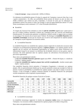 P1161-F1/4
P6111-F1/4
SÉRIE 01 109
– le taux de marque : marge commerciale / chiffres d’affaires.
Un indicateur de profitabilité permet d’évaluer la capacité de l’entreprise à pouvoir faire face à une
« guerre commerciale ». En effet, une profitabilité élevée permet de baisser ses prix (et donc son
chiffre d’affaires) sans réaliser de perte. Cependant, il convient de noter que les indicateurs de
profitabilité varient d’un secteur à l’autre. Par exemple, le taux de marge bénéficiaire atteint 15 % chez
Sisley (cosmétiques) contre seulement 1,35 % chez Promodès (distribution).
Q Rentabilité
À l’origine de l’activité d’une entreprise se situe le seuil de rentabilité (appelé aussi « point mort »)
qui est le chiffre d’affaires minimum à réaliser par l’entreprise pour que l’activité soit bénéficiaire
(résultat positif). De manière plus générale, la rentabilité se définit comme le rapport entre un résultat
ou une marge et les moyens mis en œuvre pour l’obtenir. On distingue la rentabilité financière de la
rentabilité économique suivant que les moyens mis en œuvre sont uniquement les capitaux propres
de l’entreprise ou plus largement ses ressources stables.
P La rentabilité financière
La rentabilité financière (ou rentabilité des capitaux propres) rapproche le résultat des ressources dont
l’entreprise est juridiquement propriétaire appelées « capitaux propres ». Les capitaux propres ont été
apportés par les associés soit directement (participation au capital social, prime d’émission) soit
indirectement lorsqu’ils ont renoncé à se distribuer des dividendes (réserves en tous genres, report à
nouveau). On inclut également dans les capitaux propres les subventions d’investissement et les
provisions réglementées.
Deux ratios sont généralement calculés :
– le taux de rentabilité financière générale (appelé aussi ROE : « Return On Equity ») : résultat de
l’exercice / capitaux propres ;
– le taux de rentabilité des capitaux propres hors activité exceptionnelle : résultat courant après
impôts / capitaux propres.
Une rentabilité financière élevée permettra à l’entreprise d’augmenter si nécessaire ses capitaux
propres. Elle est particulièrement étudiée par les associés potentiels comme par exemple les fonds de
pension. Comme la profitabilité, la rentabilité des capitaux propres varie dans le temps et suivant les
secteurs. À titre d’exemple, le tableau ci-dessous présente la rentabilité financière des principales
sociétés européennes cotées (exprimée en pourcentages).
Rentabilité financière de quelques secteurs d’activité en Europe :
1993 1994 1995 1996 1997 1998 1999 2000 2001 2002
Automobile –1 3 –17 5,2 2,8 5,3 11,7 10,1 6,3 8
Agroalimentaire 9 10 9,7 10,8 65,1 53,9 21 19,7 18,4 18,1
Grande distribution 7 6 10 8,6 6,5 5,2 17,4 13 12,2 12,8
Matériaux de
construction
7,8 12,1 12,1 12,2 11,7 10,6 12,9 13,1 10,8 10,7
Pharmacie 11 9 19,5 18,9 15,6 10,1 18,5 21,8 22,4 21,5
Sidérurgie –5 4 21,9 19,5 17,4 15,6 0,8 4,2 nd 2,7
Adapté de BNP Paribas in VERNIMMEN
P La rentabilité économique
La rentabilité économique rapproche le résultat des ressources stables mises à la disposition de
l’entreprise. Les ressources stables comprennent les capitaux propres et les dettes à long terme.
Deux ratios sont généralement calculés :
 
