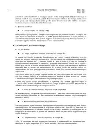 118 FINANCE D’ENTREPRISE P1161-F1/4
P6111-F1/4
conversion sont donc éliminés et réintégrés dans les postes correspondants (dettes fournisseurs ou
créances clients le plus souvent). Les écarts de conversion actif relatifs à des créances clients seront
ainsi ajoutés aux créances clients tandis que les écarts de conversion actif relatifs à des dettes
fournisseurs seront soustraits des dettes fournisseurs.
Q Éléments hors bilan
P Les Effets escomptés non échus (EENE)
Pratiquement et juridiquement, l’entreprise reste responsable du paiement des effets escomptés non
échus en cas de défaillance du débiteur. Les EENE peuvent être assimilés à un crédit bancaire. Ils
doivent donc être réintégrés dans le bilan, au passif au niveau des concours bancaires courants et à
l’actif dans la partie circulante d’exploitation avec les créances clients.
b. Les conséquences du classement cyclique
Q Au sein du bilan
P Les Charges à répartir sur plusieurs exercices (CAR, compte 481)
Le montant élevé confère un caractère d’investissement aux charges à répartir sur plusieurs exercices
qui ont une incidence sur l’avenir de l’entreprise. Elles doivent donc être reclassées en emplois stables,
mais pour leur montant brut. Le montant figurant à l’actif du bilan PCG (dans les comptes de
régularisation) est le montant net. Il convient d’y ajouter les amortissements cumulés sur les charges à
répartir pour inscrire le montant brut en emplois stables. Le montant brut des charges à répartir est
mentionné dans le tableau des amortissements de la liasse fiscale. Le montant cumulé des
amortissements sera alors ajouté également en ressources stables, avec les autres amortissements pour
dépréciation.
Il est parfois admis que les charges à répartir peuvent être considérées comme des non-valeurs. Elles
sont alors éliminées de l’actif et les capitaux propres sont diminués du même montant. En l’absence
d’informations spécifiques, cette solution ne doit pas être privilégiée.
Comme nous l’avons évoqué précédemment, le règlement CRC 2004-06, applicable depuis le
1er
janvier 2005, restreint largement l’utilisation des charges à répartir qui doivent être inscrites en
immobilisations, stocks ou charges au compte de résultat.
P Les Primes de remboursement des obligations (PRO, compte 169)
De manière générale, ces primes (figurant initialement à l’actif) sont considérées comme des non-
valeurs. Elles sont donc retirées de l’actif et soustraites du montant des emprunts obligataires au passif
(ressources stables).
P Les Amortissements et provisions pour dépréciation
Les amortissements et provisions pour dépréciations représentent des capitaux épargnés pour financer
le renouvellement des immobilisations ou de possibles dépréciations. À ce titre, ils constituent des
ressources de financement. Ils sont donc éliminés de l’actif (l’actif immobilisé et circulant étant pris en
compte pour sa valeur brute) et ajoutés aux ressources stables du passif (avec les provisions pour
risques et charges).
P Les Comptes courants d’associés créditeurs (C/C, compte 455)
Si les C/C représentent des fonds bloqués dans l’entreprise, ils seront rattachés aux dettes financières.
Dans le cas de dépôts temporaires, les C/C seront assimilés à des dettes hors exploitation.
 