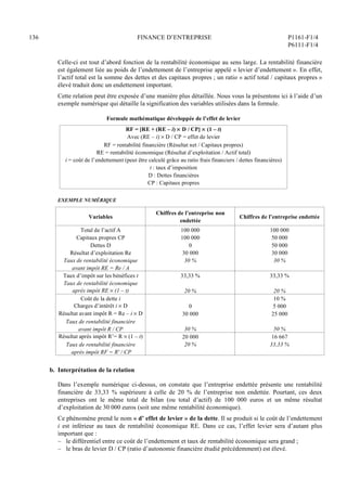 136 FINANCE D’ENTREPRISE P1161-F1/4
P6111-F1/4
Celle-ci est tout d’abord fonction de la rentabilité économique au sens large. La rentabilité financière
est également liée au poids de l’endettement de l’entreprise appelé « levier d’endettement ». En effet,
l’actif total est la somme des dettes et des capitaux propres ; un ratio « actif total / capitaux propres »
élevé traduit donc un endettement important.
Cette relation peut être exposée d’une manière plus détaillée. Nous vous la présentons ici à l’aide d’un
exemple numérique qui détaille la signification des variables utilisées dans la formule.
Formule mathématique développée de l’effet de levier
RF = [RE + (RE – i)  D / CP]  (1 – t)
Avec (RE – i)  D / CP = effet de levier
RF = rentabilité financière (Résultat net / Capitaux propres)
RE = rentabilité économique (Résultat d’exploitation / Actif total)
i = coût de l’endettement (peut être calculé grâce au ratio frais financiers / dettes financières)
t : taux d’imposition
D : Dettes financières
CP : Capitaux propres
EXEMPLE NUMÉRIQUE
Variables
Chiffres de l’entreprise non
endettée
Chiffres de l’entreprise endettée
Total de l’actif A
Capitaux propres CP
Dettes D
Résultat d’exploitation Re
Taux de rentabilité économique
avant impôt RE = Re / A
100 000
100 000
0
30 000
30 %
100 000
50 000
50 000
30 000
30 %
Taux d’impôt sur les bénéfices t
Taux de rentabilité économique
après impôt RE  (1 – t)
33,33 %
20 %
33,33 %
20 %
Coût de la dette i
Charges d’intérêt i  D
Résultat avant impôt R = Re – i  D
Taux de rentabilité financière
avant impôt R / CP
0
30 000
30 %
10 %
5 000
25 000
50 %
Résultat après impôt R’= R  (1 – t)
Taux de rentabilité financière
après impôt RF = R' / CP
20 000
20 %
16 667
33,33 %
b. Interprétation de la relation
Dans l’exemple numérique ci-dessus, on constate que l’entreprise endettée présente une rentabilité
financière de 33,33 % supérieure à celle de 20 % de l’entreprise non endettée. Pourtant, ces deux
entreprises ont le même total de bilan (ou total d’actif) de 100 000 euros et un même résultat
d’exploitation de 30 000 euros (soit une même rentabilité économique).
Ce phénomène prend le nom « d’ effet de levier » de la dette. Il se produit si le coût de l’endettement
i est inférieur au taux de rentabilité économique RE. Dans ce cas, l’effet levier sera d’autant plus
important que :
– le différentiel entre ce coût de l’endettement et taux de rentabilité économique sera grand ;
– le bras de levier D / CP (ratio d’autonomie financière étudié précédemment) est élevé.
 
