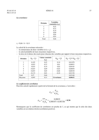 P1161-F1/4
P6111-F1/4
SÉRIE 01 37
La covariance
Périodes
Variables
constatées (rm)
1
2
3
4
5
6
0,25
0,12
0,14
0,09
0,05
0,01
Total 0,66
rj = 0,66 / 6 = 0,11
Le calcul de la covariance nécessite :
– la connaissance de deux variables ici (ri, rm),
– le calcul préalable de leurs moyennes respectives,
– la mise en évidence des écarts pour chacune des variables par rapport à leurs moyennes respectives.
Périodes (rij
– rj
) Valeur constatée
(rm)
(rmj
– rj
) (rij
– rj
)  (rmj
– rj
)
1
2
3
4
5
6
0,105
0,055
0,035
–0,025
–0,055
–0,115
0,25
0,12
0,14
0,09
0,05
0,01
0,14
0,01
0,03
–0,02
–0,06
–0,10
0,01470
0,00055
0,00105
0,00050
0,00330
0,01150
Total 0,57 0,66 0,03160
Moyenne 0,095 0,11 Covariance 0,00632
Le coefficient de corrélation
Peut être calculé rapidement à partir de la formule de la covariance, c’est-à-dire :
jm =
 jm
 jm
jm =
cov jm
 jm
=
0,00632
0,080187  0,083186
= 0,94
Remarquons que le coefficient de corrélation est proche de 1, ce qui montre que la série des deux
variables est en relation étroite (corrélation positive).
 