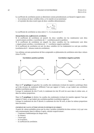 42 FINANCE D’ENTREPRISE P1161-F1/4
P6111-F1/4
Le coefficient de corrélation pourra se déterminer comme précédemment, en faisant le rapport entre :
– la covariance de deux variables (titre j, et le marché m) au numérateur
– et le produit des deux écarts types de deux variables (dénominateur).
jm =
 jm
 jm
Le coefficient de corrélation se situe entre [+1,–1], en passant par 0.
Interprétation du coefficient de corrélation
Si le coefficient de corrélation est positif, les deux variables (ici les rendements) sont dites
« positivement corrélées » (corrélation de 1 = corrélation positive parfaite).
Si le coefficient de corrélation est négatif, les deux variables (ici les rendements) sont dites
« négativement corrélées » (corrélation de –1 = corrélation négative parfaite).
Si le coefficient de corrélation est nul, les deux variables (ici les rendements) ne sont pas corrélées
(corrélation de 0 = absence totale de corrélation).
Les schémas suivants permettront de bien comprendre ce phénomène de corrélation entre deux valeurs
(titres P et M) :
Temps
Corrélation positive parfaite
P
M
Rendement
Temps
Corrélation négative parfaite
N
M
Rendement
Dans le 1er
graphique (à gauche), les courbes des rendements évoluent de manière symétrique (bien
qu’à des niveaux de rendement différent) l’une par rapport à l’autre, ce qui traduit une corrélation
parfaite (corrélation positive).
Lorsque le rendement du titre P croît, le rendement du titre M croît lui aussi dans le même sens, et
dans les mêmes proportions.
Dans le 2e
graphique (à droite), les courbes des rendements évoluent de manière opposée l’une par
rapport à l’autre, ce qui traduit une corrélation parfaite (corrélation négative).
Lorsque le rendement du titre P décroît, le rendement du titre M croît, et dans les mêmes proportions
mais inversées.
EXEMPLES DE CALCUL D’INDICATEURS STATISTIQUES DU RISQUE
À partir de valeurs probables prises par les deux variables (rentabilité de deux actions i et j), qui vous
sont communiquées dans le tableau ci-après, calculer respectivement :
– l’espérance mathématique de chaque série,
– la variance,
– l’écart type,
– la covariance,
– le coefficient de corrélation.
 