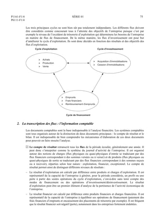 P1161-F1/4
P6111-F1/4
SÉRIE 01 75
Les trois principaux cycles ne sont bien sûr pas totalement indépendants. Les différents flux doivent
être considérés comme concourant tous à l’atteinte des objectifs de l’entreprise puisque c’est par
exemple le niveau de l’excédent de trésorerie d’exploitation qui déterminera les besoins de l’entreprise
en matière de flux de financement. De la même manière, les flux d’investissement ont pour but
d’améliorer le cycle d’exploitation. Ils sont donc décidés en fonction des résultats et des objectifs des
flux d’exploitation.
ÿ Achats
ÿ Production
ÿ Vente
Cycle d'exploitation
ÿ Acquisition d'immobilisations
ÿ Cession d'immobilisations
Cycle d'investissement
ÿ Emprunts
ÿ Frais financiers
ÿ Remboursement d'emprunts
Cycle de financement
2. La transcription des flux : l’information comptable
Les documents comptables sont la base indispensable à l’analyse financière. Les systèmes comptables
sont tous organisés autour de la distinction de deux documents principaux : le compte de résultat et le
bilan. Il est indispensable de bien comprendre les mécanismes d’élaboration de ces deux documents
pour pouvoir en faire ensuite l’analyse.
N Le compte de résultat retranscrit tous les flux de la période écoulée, généralement une année. Il
peut donc s’interpréter comme la synthèse du journal d’activité de l’entreprise. Il est organisé
autour des notions de charges (flux physiques ou quasi-physiques d’entrée se traduisant par des
flux financiers correspondant à des sommes versées ou à verser) et de produits (flux physiques ou
quasi-physiques de sortie se traduisant par des flux financiers correspondant à des sommes reçues
ou à recevoir), réparties selon leur nature : exploitation, financier, exceptionnel. Le compte de
résultat permet ainsi de distinguer différents niveaux de résultats :
– Le résultat d’exploitation est calculé par différence entre produits et charges d’exploitation. Il est
représentatif de la capacité de l’entreprise à générer, pour la période considérée, un profit ou une
perte à partir des seules opérations du cycle d’exploitation, c’est-à-dire sans tenir compte des
modes de financement ou des opérations d’investissement/désinvestissement. Le résultat
d’exploitation peut être un premier élément d’analyse de la pertinence de l’activité économique de
l’entreprise.
– Le résultat financier est calculé par différence entre produits financiers et charges financières. Il est
représentatif de la capacité de l’entreprise à équilibrer ses opérations de financement (paiement des
frais financiers d’emprunts et encaissement des placements de trésorerie par exemple). Il est fréquent
que le résultat financier soit négatif (perte), notamment dans les entreprises fortement endettées.
 