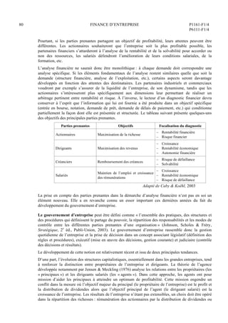 80 FINANCE D’ENTREPRISE P1161-F1/4
P6111-F1/4
Pourtant, si les parties prenantes partagent un objectif de profitabilité, leurs attentes peuvent être
différentes. Les actionnaires souhaiteront que l’entreprise soit la plus profitable possible, les
partenaires financiers s’attarderont à l’analyse de la rentabilité et de la solvabilité pour accorder ou
non des ressources, les salariés défendront l’amélioration de leurs conditions salariales, de la
formation, etc.
L’analyse financière ne saurait donc être monolithique : à chaque demande doit correspondre une
analyse spécifique. Si les éléments fondamentaux de l’analyse restent similaires quelle que soit la
demande (structure financière, analyse de l’exploitation, etc.), certains aspects seront davantage
développés en fonction des attentes des destinataires. Les partenaires industriels et commerciaux
voudront par exemple s’assurer de la liquidité de l’entreprise, de son dynamisme, tandis que les
actionnaires s’intéresseront plus spécifiquement aux dimensions leur permettant de réaliser un
arbitrage pertinent entre rentabilité et risque. À l’inverse, le lecteur d’un diagnostic financier devra
conserver à l’esprit que l’information qui lui est fournie a été produite dans un objectif spécifique
(entrée en bourse, notation, demande de prêt, demande de délais de paiement, etc.) qui conditionne
partiellement la façon dont elle est présentée et structurée. Le tableau suivant présente quelques-uns
des objectifs des principales parties prenantes.
Parties prenantes Objectifs Focalisation du diagnostic
Actionnaires Maximisation de la richesse
– Rentabilité financière
– Risque financier
Dirigeants Maximisation des revenus
– Croissance
– Rentabilité économique
– Autonomie financière
Créanciers Remboursement des créances
– Risque de défaillance
– Solvabilité
Salariés
Maintien de l’emploi et croissance
des rémunérations
– Croissance
– Rentabilité économique
– Risque de défaillance
Adapté de Caby  Koëhl, 2003
La prise en compte des parties prenantes dans la démarche d’analyse financière n’est pas en soi un
élément nouveau. Elle a en revanche connu un essor important ces dernières années du fait du
développement du gouvernement d’entreprise.
Le gouvernement d’entreprise peut être défini comme « l’ensemble des pratiques, des structures et
des procédures qui définissent le partage du pouvoir, la répartition des responsabilités et les modes de
contrôle entre les différentes parties prenantes d’une organisation » (Johnson, Scholes  Fréry,
Stratégique, 2e
éd., Publi-Union, 2003). Le gouvernement d’entreprise rassemble donc la gestion
quotidienne de l’entreprise et la prise de décision dans un concept associant législatif (définition des
règles et procédures), exécutif (mise en œuvre des décisions, gestion courante) et judiciaire (contrôle
des décisions et résultats).
Le développement de cette notion est relativement récent et issu de deux principales tendances.
D’une part, l’évolution des structures capitalistiques, essentiellement dans les grandes entreprises, tend
à renforcer la distinction entre propriétaires de l’entreprise et dirigeants. La théorie de l’agence
développée notamment par Jensen  Meckling (1976) analyse les relations entre les propriétaires (les
« principaux ») et les dirigeants salariés (les « agents »). Dans cette approche, les agents ont pour
mission d’aider les principaux à atteindre un optimum de profitabilité. Cette mission engendre un
conflit dans la mesure où l’objectif majeur du principal (le propriétaire de l’entreprise) est le profit et
la distribution de dividendes alors que l’objectif principal de l’agent (le dirigeant salarié) est la
croissance de l’entreprise. Les résultats de l’entreprise n’étant pas extensibles, un choix doit être opéré
dans la répartition des richesses : rémunération des actionnaires par la distribution de dividendes ou
 