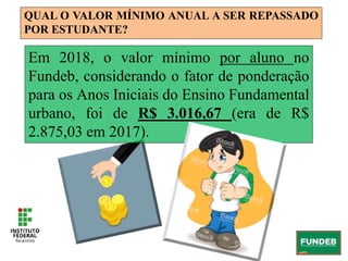 QUAL O VALOR MÍNIMO ANUAL A SER REPASSADO
POR ESTUDANTE?
Em 2018, o valor mínimo por aluno no
Fundeb, considerando o fator de ponderação
para os Anos Iniciais do Ensino Fundamental
urbano, foi de R$ 3.016,67 (era de R$
2.875,03 em 2017).
 