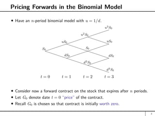 Pricing Forwards in the Binomial Model
Have an n-period binomial model with u = 1/d.

PPPPPPPPPPPPPPP
PPPPPPPPPP

PPPPP

t = 0 t = 1 t = 2 t = 3
S0
uS0
u2S0
u3S0
S0
uS0
dS0 dS0
d2S0
d3S0
Consider now a forward contract on the stock that expires after n periods.
Let G0 denote date t = 0 “price” of the contract.
Recall G0 is chosen so that contract is initially worth zero.
2
 