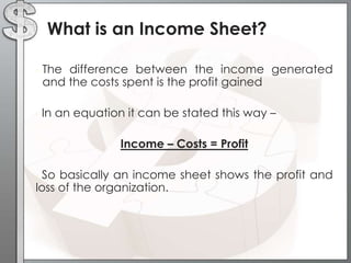 What is an Income Sheet?
•

•

The difference between the income generated
and the costs spent is the profit gained
In an equation it can be stated this way –
Income – Costs = Profit

So basically an income sheet shows the profit and
loss of the organization.
•

 