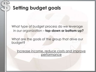 Setting budget goals

•

•

What type of budget process do we leverage
in our organization – top-down or bottom-up?
What are the goals of the group that drive our
budget?
•

Increase income, reduce costs and improve
performance

 