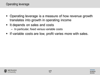 MONASH
BUSINESS
SCHOOL
17
Operating leverage
§ Operating leverage is a measure of how revenue growth
translates into growth in operating income
§ It depends on sales and costs
– In particular, fixed versus variable costs
§ If variable costs are low, profit varies more with sales.
 