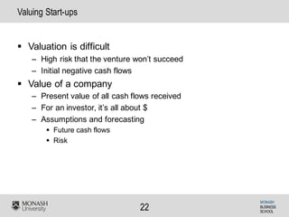 MONASH
BUSINESS
SCHOOL
22
Valuing Start-ups
§ Valuation is difficult
– High risk that the venture won’t succeed
– Initial negative cash flows
§ Value of a company
– Present value of all cash flows received
– For an investor, it’s all about $
– Assumptions and forecasting
§ Future cash flows
§ Risk
 