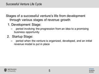 MONASH
BUSINESS
SCHOOL
5
Successful Venture Life Cycle
Stages of a successful venture’s life from development
through various stages of revenue growth
1. Development Stage:
– period involving the progression from an idea to a promising
business opportunity
2. Startup Stage:
– period when the venture is organized, developed, and an initial
revenue model is put in place
 
