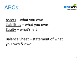 ABCs…
19
Assets – what you own
Liabilities – what you owe
Equity – what’s left
Balance Sheet – statement of what
you own & owe
 