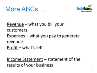 More ABCs…
20
Revenue – what you bill your
customers
Expenses – what you pay to generate
revenue
Profit – what’s left
Income Statement – statement of the
results of your business
 