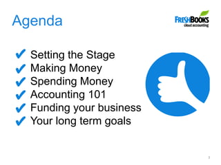Agenda
3
Setting the Stage
Making Money
Spending Money
Accounting 101
Funding your business
Your long term goals
 
