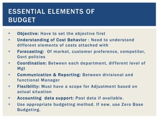  Objective: Have to set the objective first
 Understanding of Cost Behavior : Need to understand
different elements of costs attached with
 Forecasting: Of market, customer preference, competitor,
Govt policies
 Coordination: Between each department, different level of
Mgt
 Communication & Reporting: Between divisional and
functional Manager
 Flexibility: Must have a scope for Adjustment based on
actual situation
 Accounting data support: Past data if available.
 Use appropriate budgeting method. If new, use Zero Base
Budgeting.
ESSENTIAL ELEMENTS OF
BUDGET
 