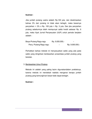 26
Ilustrasi :
Jika jumlah piutang usaha adalah Rp.100 juta, dan diestimasikan
bahwa 3% dari piutang ini tidak akan tertagih, maka besarnya
penyisihan = 3% x Rp. 100 juta = Rp. 3 juta. Dan jika penyisihan
piutang sebelumnya telah mempunyai saldo kredit sebesar Rp. 6
juta, maka Ayat Jurnal Penyesuaian (AJP) untuk periode berjalan
adalah :
Biaya Piutang Ragu-ragu Rp. 9.000.000,- -
Peny. Piutang Ragu-ragu - Rp. 9.000.000,-
Perhatikan bahwa metode ini menyesuaikan saldo yang ada pada
saldo yang diinginkan berdasarkan prosentase jumlah piutang yang
beredar.
3. Berdasarkan Umur Piutang
Metode ini adalah yang paling lazim digunakandalam prakteknya,
karena metode ini mendekati realistis mengenai berapa jumlah
piutang yang kemungkinan besar tidak dapat tertagih.
Ilustrasi :
 