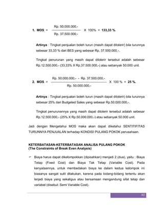 40
Rp. 50.000.000,-
1. MOS = X 100% = 133,33 %.
Rp. 37.500.000,-
Artinya : Tingkat penjualan boleh turun (masih dapat ditolerir) bila turunnya
sebesar 33,33 % dari BES yang sebesar Rp. 37.500.000,-.
Tingkat penurunan yang masih dapat ditolerir tersebut adalah sebesar
Rp.12.500.000,- (33,33% X Rp.37.500.000,-) atau sebanyak 50.000 unit.
Rp. 50.000.000,- - Rp. 37.500.000,-
2. MOS = X 100 % = 25 %.
Rp. 50.000.000,-
Artinya : Tingkat penjualan boleh turun (masih dapat ditolerir) bila turunnya
sebesar 25% dari Budgeted Sales yang sebesar Rp.50.000.000,-.
Tingkat penurunannya yang masih dapat ditolerir tersebut adalah sebesar
Rp.12.500.000,- (25% X Rp.50.000.000,-) atau sebanyak 50.000 unit.
Jadi dengan Mengetahui MOS maka akan dapat diketahui SENTITIFITAS
TURUNNYA PENJUALAN terhadap KONDISI PULANG POKOK perusahaan.
KETERBATASAN-KETERBATASAN ANALISA PULANG POKOK
(The Constraints of Break Even Analysis)
 Biaya harus dapat dikelompokkan (dipisahkan) menjadi 2 (dua), yaitu : Biaya
Tetap (Fixed Cost) dan Biaya Tak Tetap (Variable Cost). Pada
kenyataannya, untuk membedakan biaya ke dalam kedua kelompok ini
biasanya sangat sulit dilakukan, karena pada bidang-bidang tertentu akan
terjadi biaya yang sekaligus atau bersamaan mengandung sifat tetap dan
variabel (disebut: Semi Variable Cost).
 