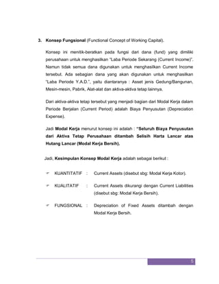 5
3. Konsep Fungsional (Functional Concept of Working Capital).
Konsep ini menitik-beratkan pada fungsi dari dana (fund) yang dimiliki
perusahaan untuk menghasilkan “Laba Periode Sekarang (Current Income)”.
Namun tidak semua dana digunakan untuk menghasilkan Current Income
tersebut. Ada sebagian dana yang akan digunakan untuk menghasilkan
“Laba Periode Y.A.D.”, yaitu diantaranya : Asset jenis Gedung/Bangunan,
Mesin-mesin, Pabrik, Alat-alat dan aktiva-aktiva tetap lainnya.
Dari aktiva-aktiva tetap tersebut yang menjadi bagian dari Modal Kerja dalam
Periode Berjalan (Current Period) adalah Biaya Penyusutan (Depreciation
Expense).
Jadi Modal Kerja menurut konsep ini adalah : “Seluruh Biaya Penyusutan
dari Aktiva Tetap Perusahaan ditambah Selisih Harta Lancar atas
Hutang Lancar (Modal Kerja Bersih).
Jadi, Kesimpulan Konsep Modal Kerja adalah sebagai berikut :
 KUANTITATIF : Current Assets (disebut sbg: Modal Kerja Kotor).
 KUALITATIF : Current Assets dikurangi dengan Current Liabilities
(disebut sbg: Modal Kerja Bersih).
 FUNGSIONAL : Depreciation of Fixed Assets ditambah dengan
Modal Kerja Bersih.
 