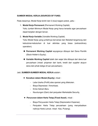 7
SUMBER MODAL KERJA (SOURCES OF FUND)
Pada dasarnya, Modal Kerja terdiri dari 2 (dua) bagian pokok, yaitu :
1. Modal Kerja Permanent (Permanent Working Capital).
Yaitu Jumlah Minimum Modal Kerja yang harus tersedia agar perusahaan
dapat berjalan dengan lancar.
2. Modal Kerja Variable (Variable Working Capital).
Yaitu Modal Kerja yang jumlahnya bervariasi dan fleksibel tergantung dari
kebutuhan-kebutuhan di luar aktivitas yang biasa (extraordinary
operation).
 Permanent Working Capital seyogianya dibiayai dari Dana Pemilik
(Stock Holder’s Equity).
 Variable Working Capital boleh dan wajar bila dibiayai dari dana luar
perusahaan (misal: pinjaman dari bank, kredit dari supplier atupun
dana dari pihak ketiga di luar perusahaan).
Jadi, SUMBER-SUMBER MODAL KERJA adalah :
 Kenaikan dalam Modal (Equity), misal :
- Laba Usaha (Profit) atas operasi yang dilakukan.
- Biaya Depresiasi / Amortisasi.
- Emisi Saham Baru
- Keuntungan (Gain) dari penjualan Marketable Security.
 Penurunan dalam Harta Tetap (Fixed Asset), misal :
- Biaya Penyusutan Harta Tetap (Depreciation Expense).
- Penjualan Harta Tetap perusahaan (yang menyebabkan
naiknya Harta Lancar, misal : Kas, Piutang).
 