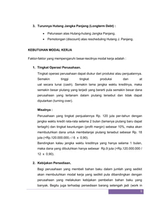 9
3. Turunnya Hutang Jangka Panjang (Longterm Debt) :
 Pelunasan atas Hutang-hutang Jangka Panjang.
 Pemotongan (discount) atas rescheduling Hutang J. Panjang.
KEBUTUHAN MODAL KERJA
Faktor-faktor yang mempengaruhi besar-kecilnya modal kerja adalah :
1. Tingkat Operasi Perusahaan.
Tingkat operasi perusahaan dapat diukur dari produksi atau penjualannya.
Semakin tinggi tingkat produksi dan at
ual secara tunai (cash). Semakin lama jangka waktu kreditnya, maka
semakin besar piutang yang terjadi yang berarti pula semakin besar dana
perusahaan yang tertanam dalam piutang tersebut dan tidak dapat
diputarkan (turning over).
Misalnya :
Perusahaan yang tingkat penjualannya Rp. 120 juta per-tahun dengan
jangka waktu kredit rata-rata selama 2 bulan (lamanya piutang baru dapat
tertagih) dan tingkat keuntungan (profit margin) sebesar 10%, maka akan
membutuhkan dana untuk membelanjai piutang tersebut sebesar Rp. 18
juta (=Rp.120.000.000,- / 6 x 0,90).
Bandingkan kalau jangka waktu kreditnya yang hanya selama 1 bulan,
maka dana yang dibutuhkan hanya sebesar Rp.9 juta (=Rp.120.000.000 /
12 x 0,90).
2. Kebijakan Persediaan.
Bagi perusahaan yang membeli bahan baku dalam jumlah yang sedikit
akan membutuhkan modal kerja yang sedikit pula dibandingkan dengan
perusahaan yang melakukan kebijakan pembelian bahan baku yang
banyak. Begitu juga terhadap persediaan barang setengah jadi (work in
 