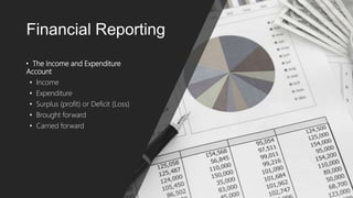 Financial Reporting
• The Income and Expenditure
Account
• Income
• Expenditure
• Surplus (profit) or Deficit (Loss)
• Brought forward
• Carried forward
 