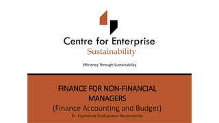 FINANCE FOR NON-FINANCIAL
MANAGERS
(Finance Accounting and Budget)
Dr. Euphemia Godspower-Akpomiemie
Efficiency Through Sustainability
 
