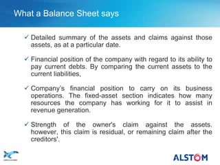What a Balance Sheet says

          Detailed summary of the assets and claims against those
           assets, as at a particular date.

          Financial position of the company with regard to its ability to
           pay current debts. By comparing the current assets to the
           current liabilities,

          Company’s financial position to carry on its business
           operations. The fixed-asset section indicates how many
           resources the company has working for it to assist in
           revenue generation.

          Strength of the owner's claim against the assets.
           however, this claim is residual, or remaining claim after the
           creditors'.

P 15
 
