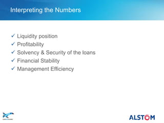 Interpreting the Numbers



          Liquidity position
          Profitability
          Solvency & Security of the loans
          Financial Stability
          Management Efficiency




P 28
 