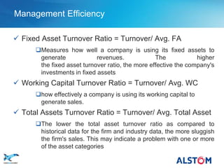 Management Efficiency

    Fixed Asset Turnover Ratio = Turnover/ Avg. FA
           Measures how well a company is using its fixed assets to
            generate             revenues.             The            higher
            the fixed asset turnover ratio, the more effective the company's
            investments in fixed assets
    Working Capital Turnover Ratio = Turnover/ Avg. WC
           how effectively a company is using its working capital to
            generate sales.
    Total Assets Turnover Ratio = Turnover/ Avg. Total Asset
           The lower the total asset turnover ratio as compared to
            historical data for the firm and industry data, the more sluggish
            the firm's sales. This may indicate a problem with one or more
            of the asset categories
P 39
 