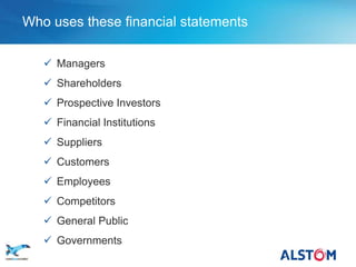 Who uses these financial statements

         Managers
         Shareholders
         Prospective Investors
         Financial Institutions
         Suppliers
         Customers
         Employees
         Competitors
         General Public
         Governments
P8
 