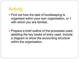 Activity
 Find out how the task of bookkeeping is
organised within your own organisation, or 1
with which you are familiar.
 Prepare a brief outline of the processes used,
detailing the key books of entry used. Include
a diagram to show the accounting structure
within the organisation.
 