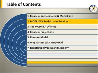 Table of Contents




14 Copyrights@ Modrika Finance
 