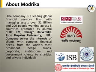 About Modrika

 The company is a leading global
financial services firm with
managing assets over $1 Billion
and 200 people working across 5
countries promoted by alumni
of IIT, IIM, Chicago University,
John Hopkins University, ISB.
Company serves the interests of
clients with complex financial
needs, from the world’s most
prominent       hedge       funds,
corporate,    institutional   and
government clients to charities
and private individuals
 