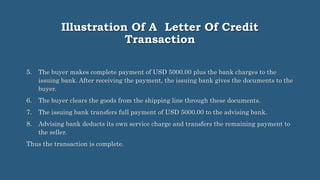 Illustration Of A Letter Of Credit
Transaction
5. The buyer makes complete payment of USD 5000.00 plus the bank charges to the
issuing bank. After receiving the payment, the issuing bank gives the documents to the
buyer.
6. The buyer clears the goods from the shipping line through these documents.
7. The issuing bank transfers full payment of USD 5000.00 to the advising bank.
8. Advising bank deducts its own service charge and transfers the remaining payment to
the seller.
Thus the transaction is complete.
 