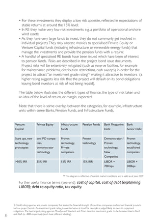 • For these investments they display a low risk appetite, reflected in expectations of
           stable returns at around the 15% level;
         • In RE they make very low risk investments e.g. a portfolio of operational onshore
           wind assets;
         • As they have very large funds to invest, they do not commonly get involved in
           individual projects. They may allocate monies to specialised Private Equity or
           Venture Capital funds (including infrastructure or renewable energy funds) that
           manage the investments and provide the pension funds with a return;
         • A handful of specialised RE bonds have been issued which have been of interest
           to pension funds. Risks are described in the project bond issue documents.
           Project risks will be extensively mitigated (such as reserve facilities, for example
           for maintenance problems, distribution restrictions, cash sweeps) in order for the
           project to attract “an investment grade rating”3 making it attractive to investors (a
           higher rating suggests less risk that the project will default on its bond obligations
           leaving bond investors at risk of not being repaid).

         The table below illustrates the different types of finance, the type of risk taken and
         an idea of the level of return, or margin, expected.

         Note that there is some overlap between the categories, for example, infrastructure
         units within some Banks, Pension Funds, and Infrastructure Funds.


     Venture                 Private Equity            Infrastructure         Pension Funds           Bank Mezzanine          Bank
     Capital                                           Funds                                          Debt                    Senior Debt


     Start ups, new          pre IPO compa-            Proven                 Proven                  Demonstrator /          Proven
     technology,             nies,                     technology,            technology              Proven                  technology,
     prototypes              demonstrator              Private                                        technology,             established
                             technology                companies,                                     New                     companies
                                                                                                      Companies
     >50% IRR                35% IRR                   15% IRR                15% IRR                 LIBOR +                 LIBOR +
                                                                                                      700 bps                 300bps


                                                         ** This diagram is reflective of current market conditions and is valid as at June 2009

         Further useful finance terms (see end): cost of capital, cost of debt (explaining
         LIBOR); debt to equity ratio, tax equity.



    3. Credit rating agencies are private companies that assess the financial strength of countries, companies, and certain financial products
    such as project bonds. An investment grade rating is awarded when a bond for example is judged likely to meet its repayment
    obligations. The two largest rating agencies Moodys and Standard and Poors describe investment grade to be between Aaa to Baa3
    and AAA to –BBB respectively (each have different labelling).
8
 