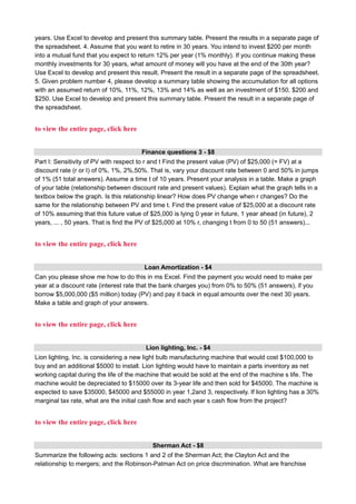 years. Use Excel to develop and present this summary table. Present the results in a separate page of
the spreadsheet. 4. Assume that you want to retire in 30 years. You intend to invest $200 per month
into a mutual fund that you expect to return 12% per year (1% monthly). If you continue making these
monthly investments for 30 years, what amount of money will you have at the end of the 30th year?
Use Excel to develop and present this result. Present the result in a separate page of the spreadsheet.
5. Given problem number 4, please develop a summary table showing the accumulation for all options
with an assumed return of 10%, 11%, 12%, 13% and 14% as well as an investment of $150, $200 and
$250. Use Excel to develop and present this summary table. Present the result in a separate page of
the spreadsheet.
to view the entire page, click here
Finance questions 3 - $8
Part I: Sensitivity of PV with respect to r and t Find the present value (PV) of $25,000 (= FV) at a
discount rate (r or I) of 0%, 1%, 2%,50%. That is, vary your discount rate between 0 and 50% in jumps
of 1% (51 total answers). Assume a time t of 10 years. Present your analysis in a table. Make a graph
of your table (relationship between discount rate and present values). Explain what the graph tells in a
textbox below the graph. Is this relationship linear? How does PV change when r changes? Do the
same for the relationship between PV and time t. Find the present value of $25,000 at a discount rate
of 10% assuming that this future value of $25,000 is lying 0 year in future, 1 year ahead (in future), 2
years, ... , 50 years. That is find the PV of $25,000 at 10% r, changing t from 0 to 50 (51 answers)...
to view the entire page, click here
Loan Amortization - $4
Can you please show me how to do this in ms Excel. Find the payment you would need to make per
year at a discount rate (interest rate that the bank charges you) from 0% to 50% (51 answers), if you
borrow $5,000,000 ($5 million) today (PV) and pay it back in equal amounts over the next 30 years.
Make a table and graph of your answers.
to view the entire page, click here
Lion lighting, Inc. - $4
Lion lighting, Inc. is considering a new light bulb manufacturing machine that would cost $100,000 to
buy and an additional $5000 to install. Lion lighting would have to maintain a parts inventory as net
working capital during the life of the machine that would be sold at the end of the machine s life. The
machine would be depreciated to $15000 over its 3-year life and then sold for $45000. The machine is
expected to save $35000, $45000 and $55000 in year 1,2and 3, respectively. If lion lighting has a 30%
marginal tax rate, what are the initial cash flow and each year s cash flow from the project?
to view the entire page, click here
Sherman Act - $8
Summarize the following acts: sections 1 and 2 of the Sherman Act; the Clayton Act and the
relationship to mergers; and the Robinson-Patman Act on price discrimination. What are franchise
 