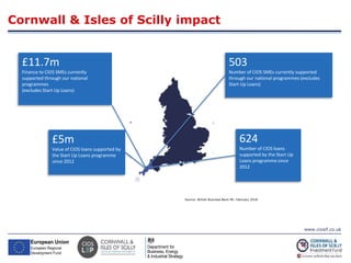 www.ciosif.co.uk
Cornwall & Isles of Scilly impact
Source: British Business Bank MI: February 2018
£5m
Value of CIOS loans supported by
the Start Up Loans programme
since 2012
£11.7m
Finance to CIOS SMEs currently
supported through our national
programmes
(excludes Start Up Loans)
503
Number of CIOS SMEs currently supported
through our national programmes (excludes
Start Up Loans)
624
Number of CIOS loans
supported by the Start Up
Loans programme since
2012
 